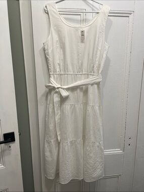 Talbots White Sleeveless Textured Dress with Bow Waist size 12 large